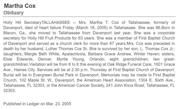 Martha Cox Obituary