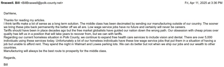 Bill Braswell Tariffs Wages Homeless Initial Email Response. mail 4-11-25