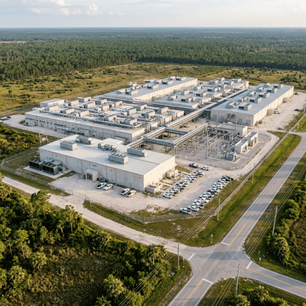 Industrial facility with rooftop equipment beside rural roads and wetlands